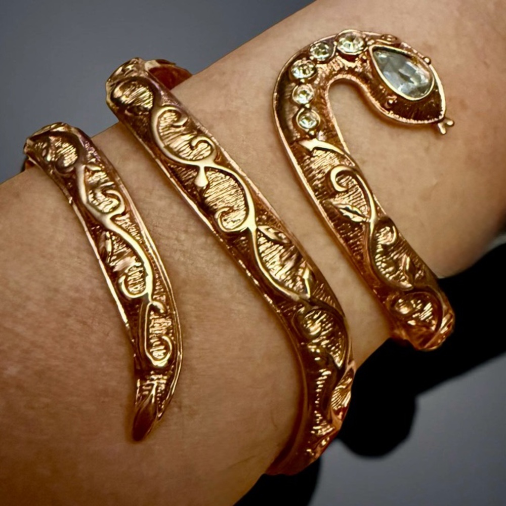 RACHEL ZOE ROSE GOLD TONE METAL COILED SNAKE CRYSTAL CUFF BRACELET